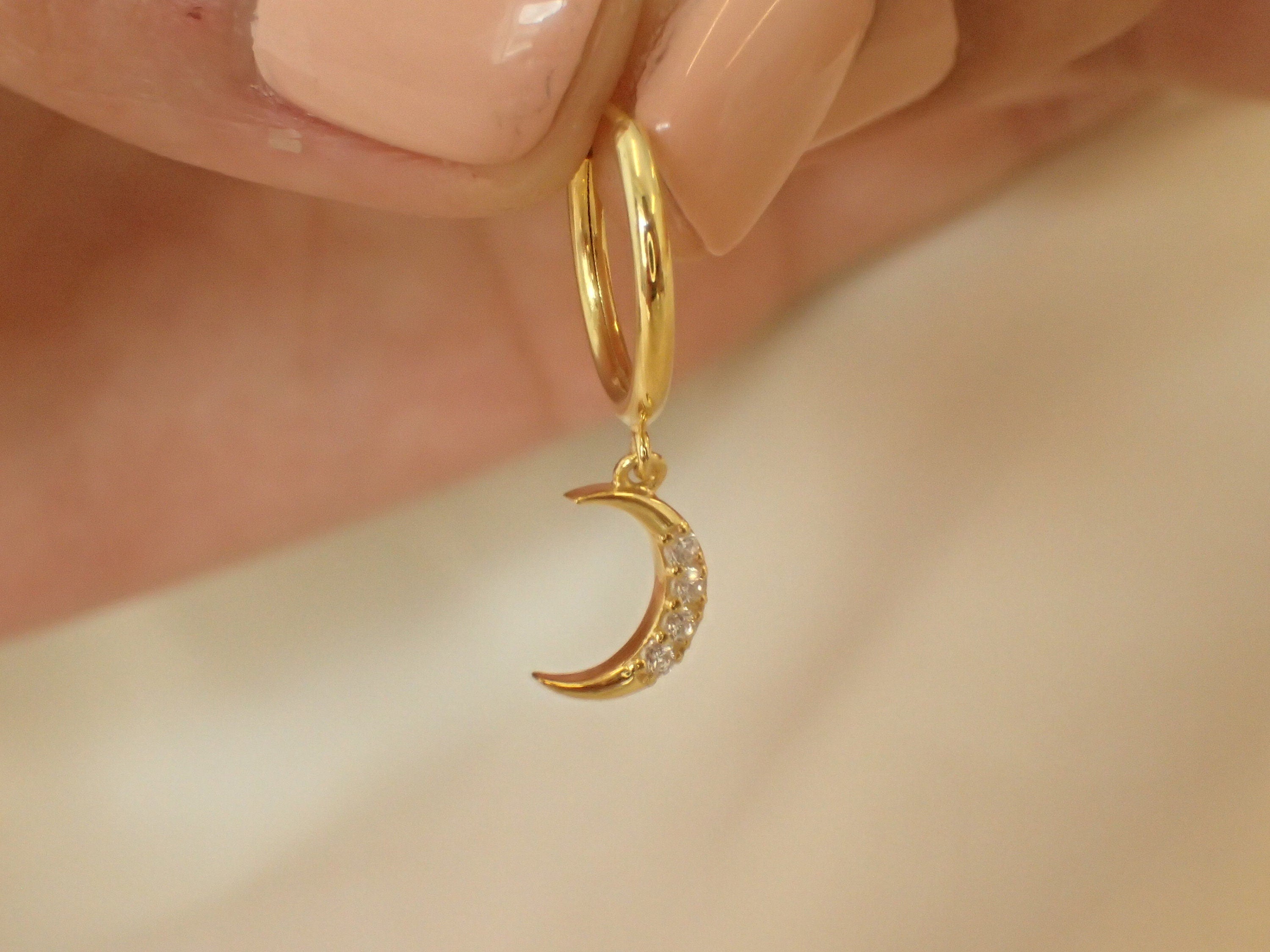 Half Moon Endless Hoop Earrings / Crescent Moon Earrings in Sterling Silver / Dangle Earrings / Diamonds Earrings